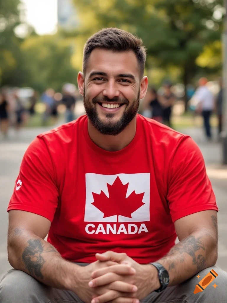 A man wearing a red shirt with a Canadian flag and 'CANADA' text smiles while sitting outdoors.