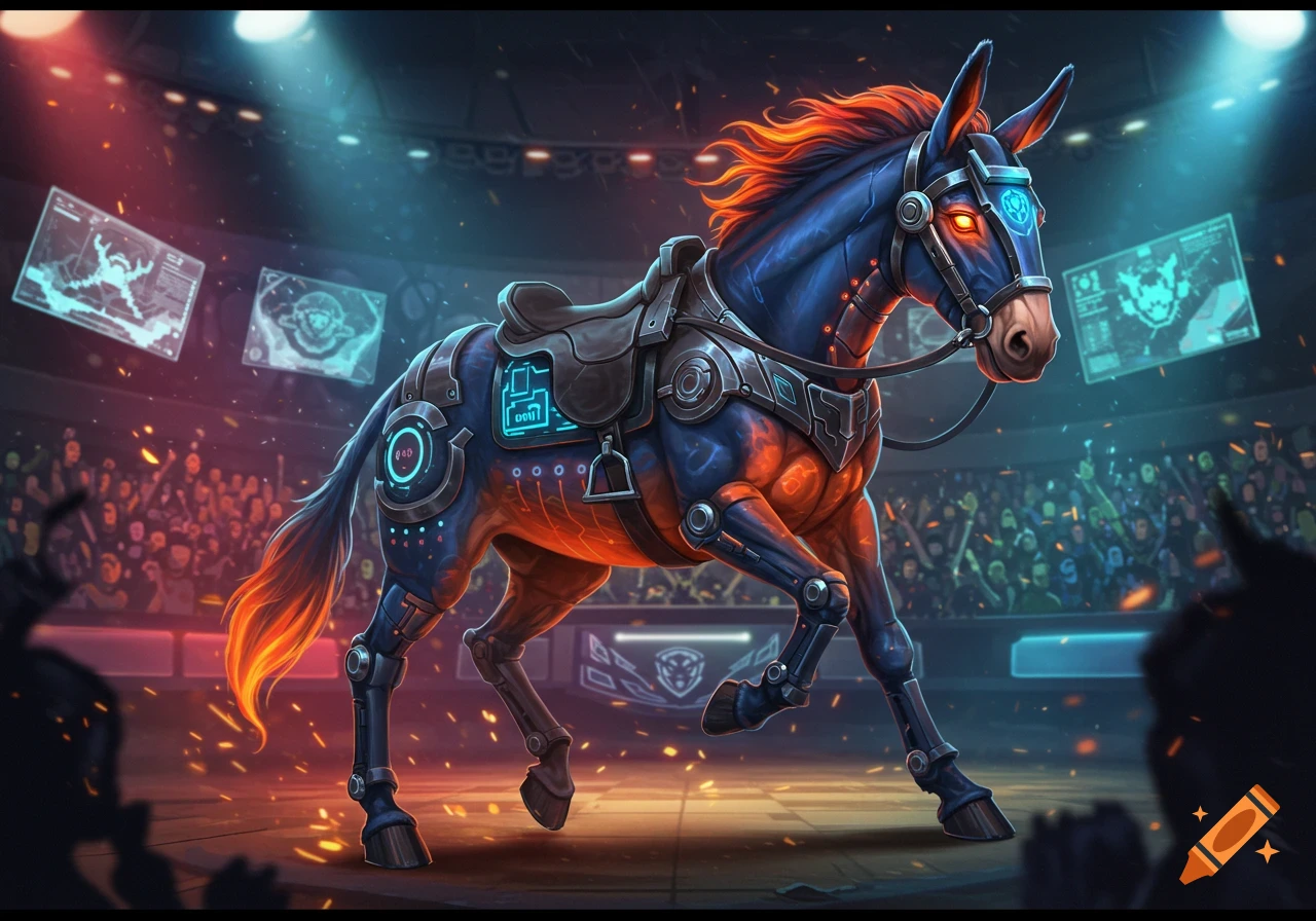 Illustration of a robotic mule in a futuristic esports arena during a match.