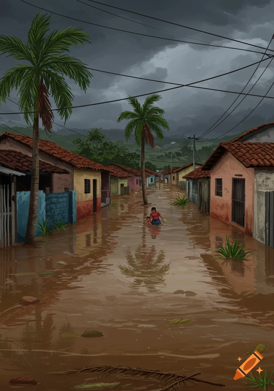 A flooded village street under a dark sky with palm trees, a woman carrying a child through the water.