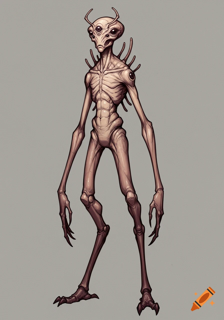 Full body illustration of a tall, lanky alien with multiple eyes, antennas on its back, long arms, and clawed feet, standing upright.
