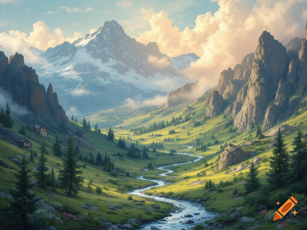 A digital painting of a winding river flowing through a lush green mountain valley with scattered small houses under a cloudy sky.