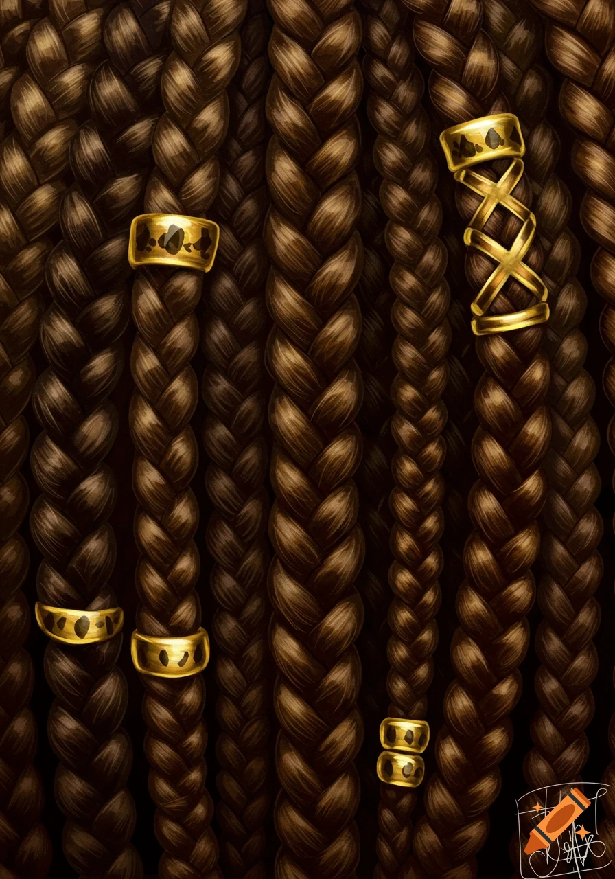 Close-up of intricate braided hair adorned with golden beads