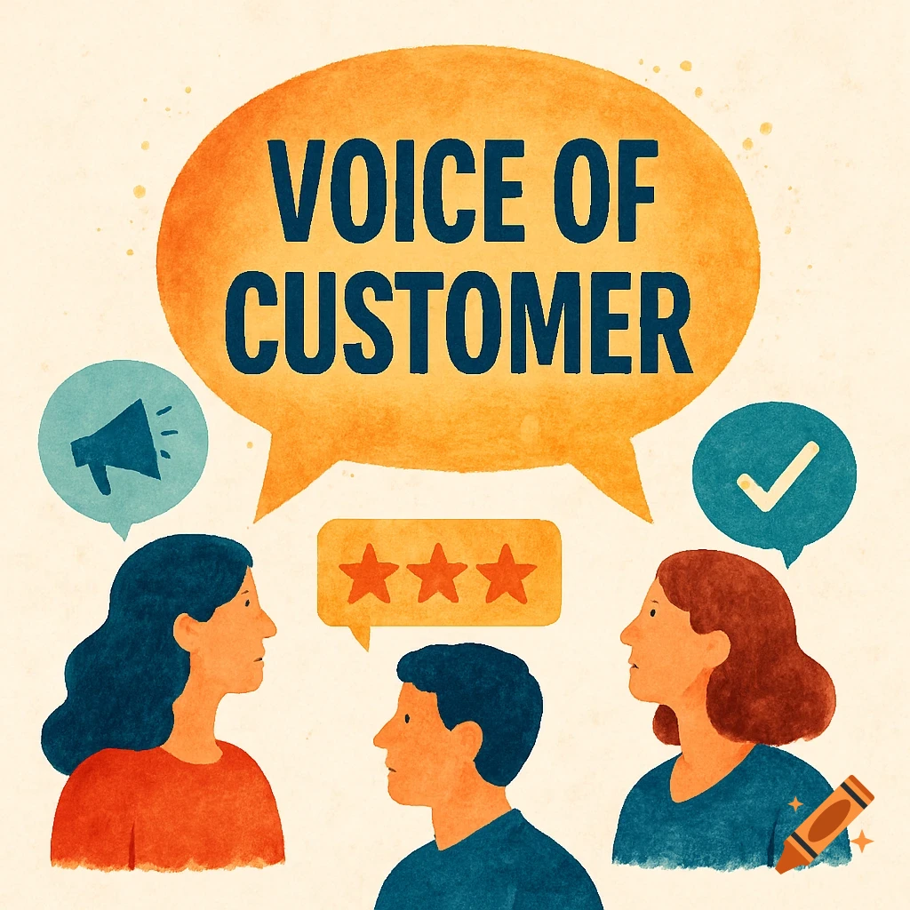 Illustration of people talking with speech bubbles, one saying 'VOICE OF CUSTOMER', with icons for megaphone, stars, and checkmark.