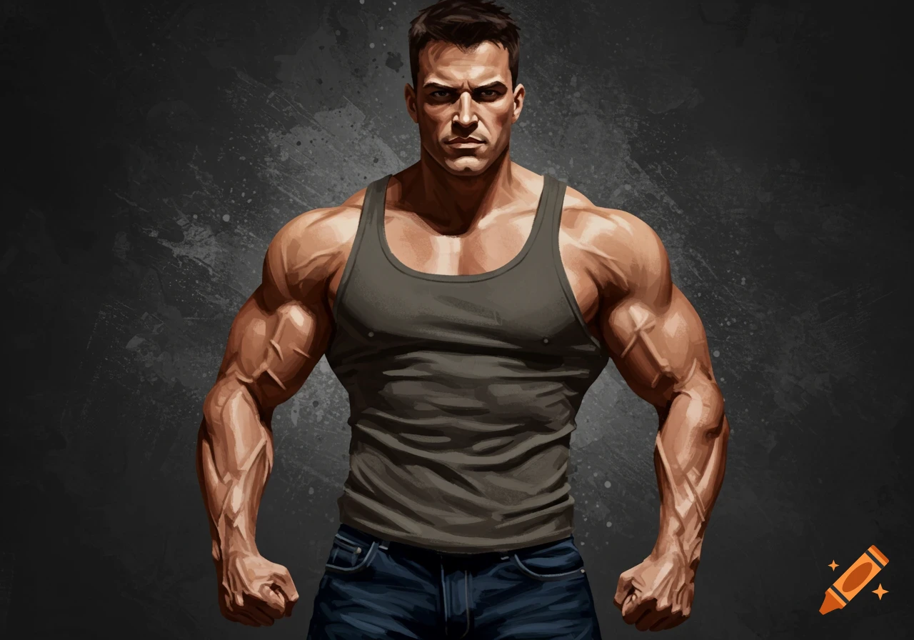 Muscular man in a tank top and jeans posing against a dark, gritty background.