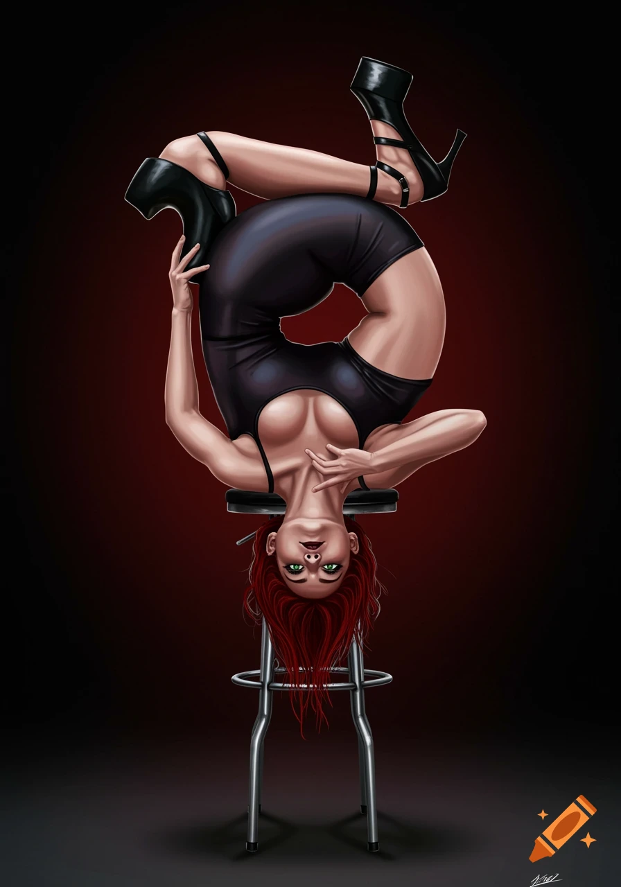 Digital painting of a contortionist upside down on a barstool in a black outfit and high heels.