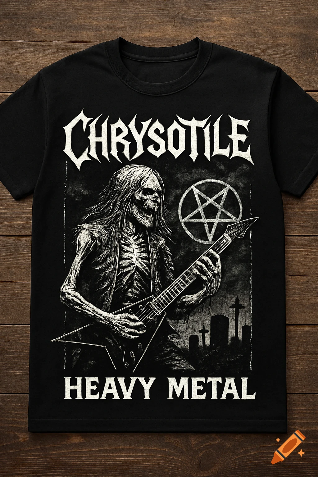 A black t-shirt with a black and white illustration of a skeleton playing a guitar in a graveyard with a pentagram.