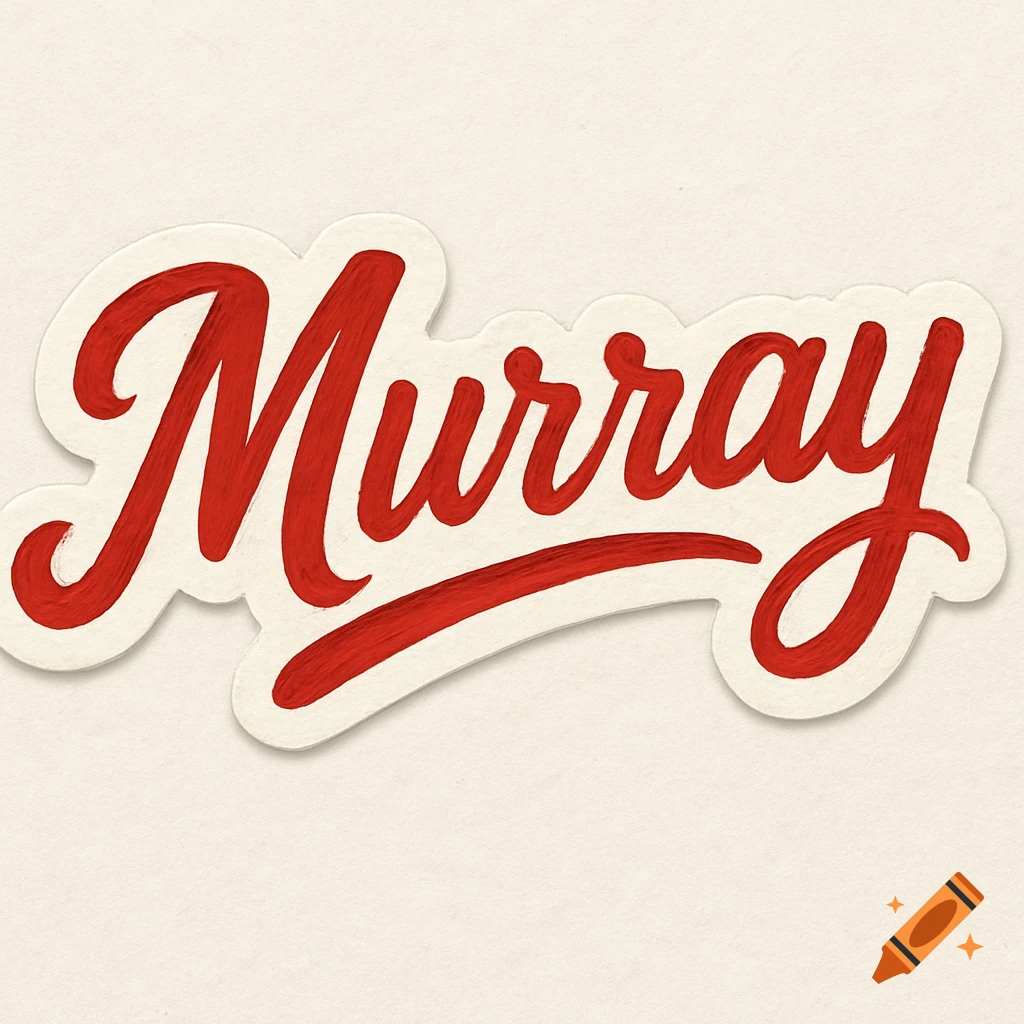 Red cursive text sticker of the name Murray on a beige background.
