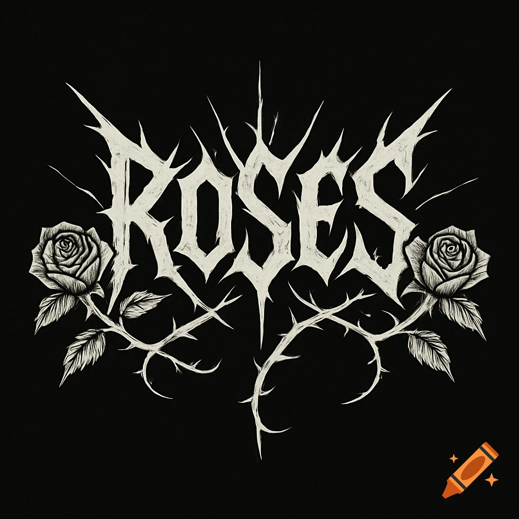 Black and white metal band logo with the word ROSES in a spiky font, framed by thorny rose branches with flowers.