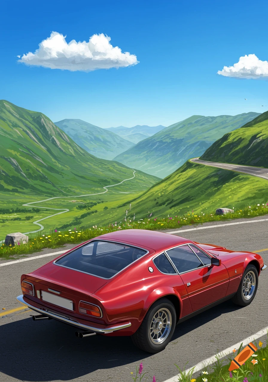 A red sports car is parked on a winding mountain road overlooking a green valley in an anime illustration style.