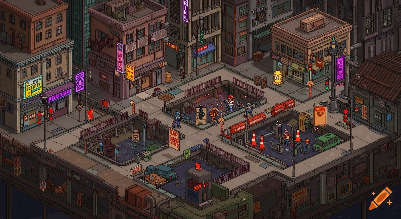 Isometric pixel art city street scene with buildings, vehicles, and characters.