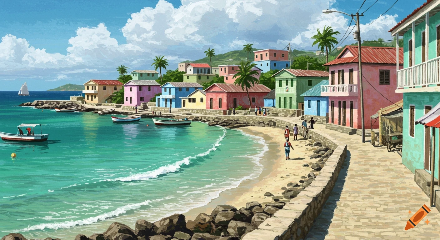 Painting of a colorful seaside village with boats on the water, a beach, and people walking.