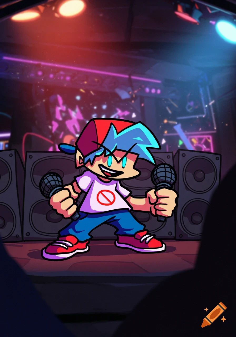 Boyfriend from Friday Night Funkin' on stage holding microphones, cartoon style.