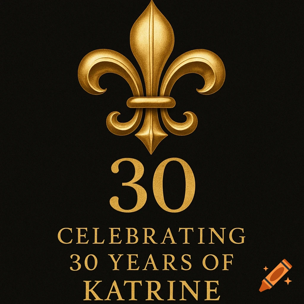 A golden fleur de lis above the text '30 CELEBRATING 30 YEARS OF KATRINE' on a black background, in a regal, metallic style.