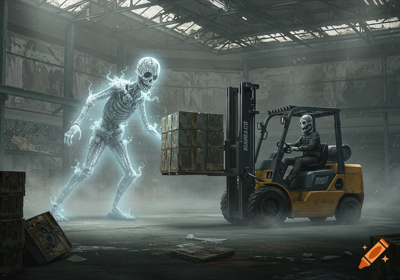 A skeleton in a forklift faces a glowing spectral skeleton holding crates in a misty warehouse.