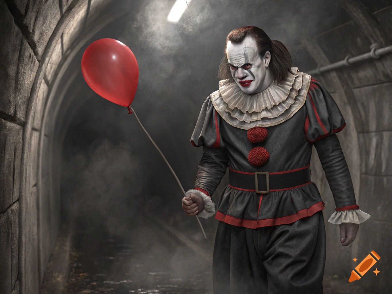 A horror clown resembling Pennywise holding a red balloon in a dark sewer tunnel.