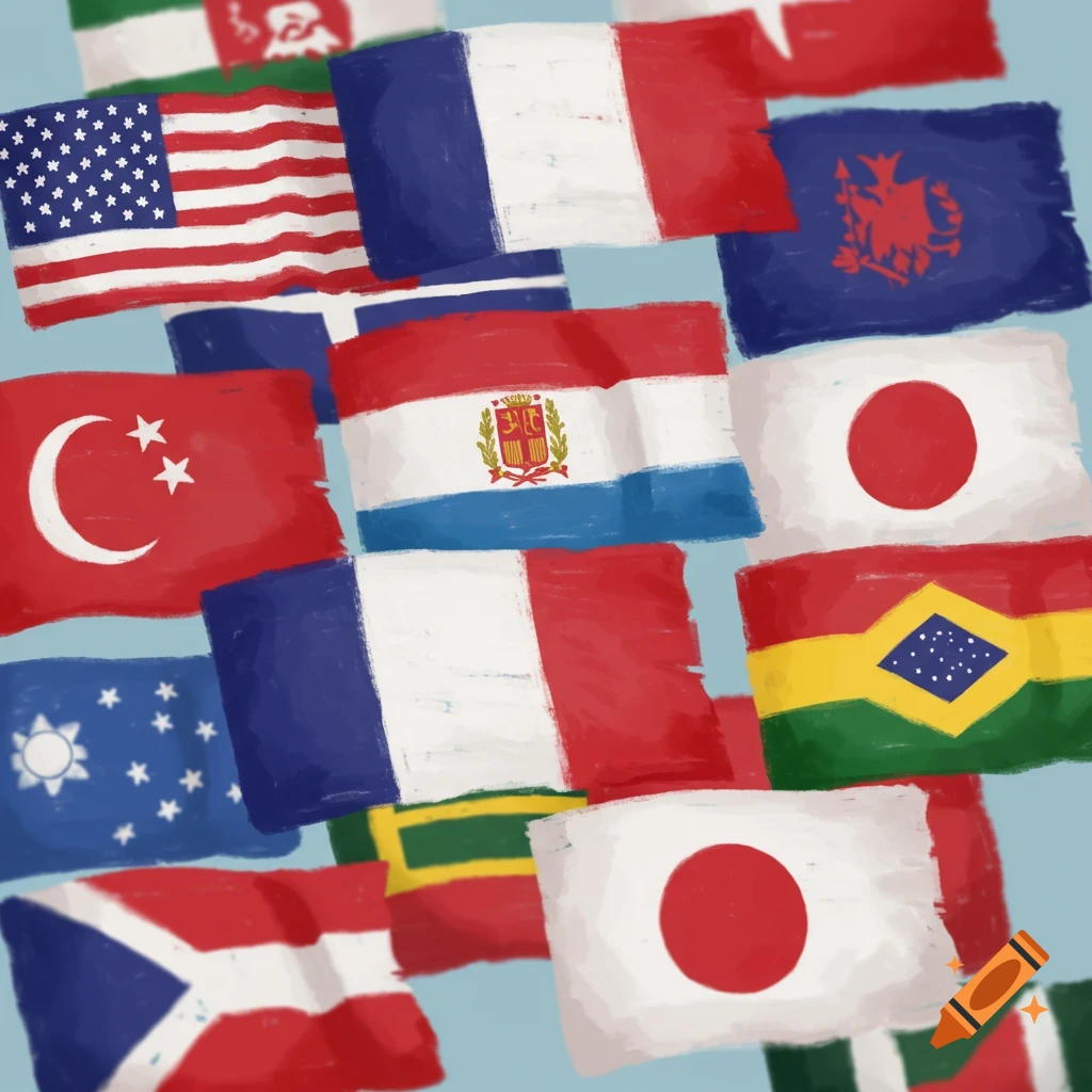 A collection of flags from various countries in a painterly style.