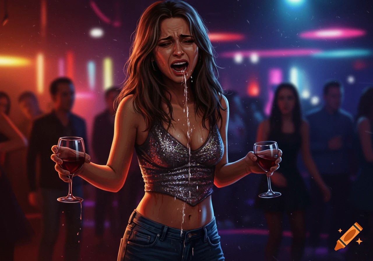 Woman throwing up in a club while holding two wine glasses.