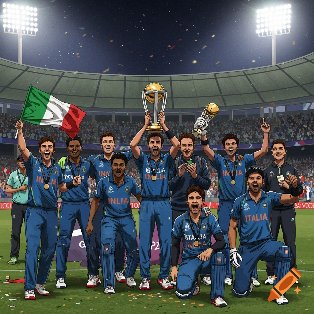 Illustration of cricket players celebrating a victory with trophies on a field