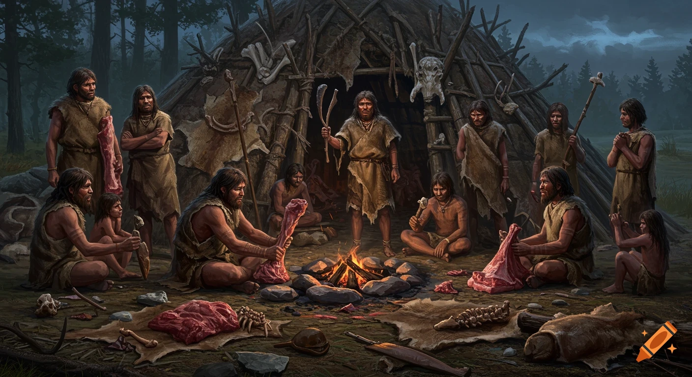 Prehistoric humans butchering meat around a fire and shelter at dusk.