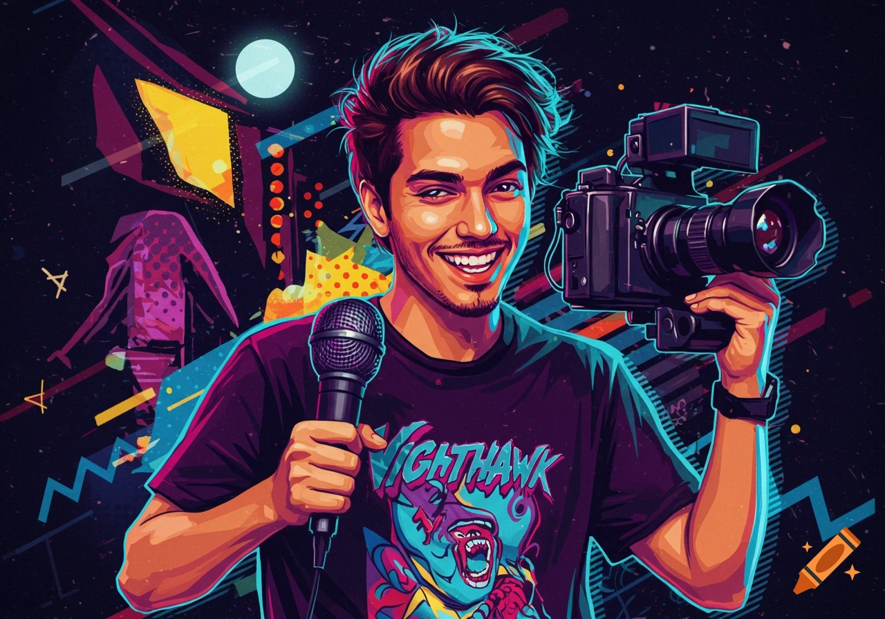 Stylized illustration of a man holding a microphone and camera.