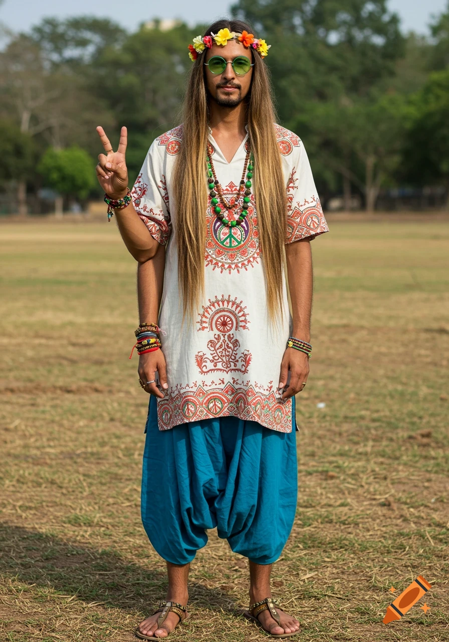 Man in hippie costume making a peace sign in a field