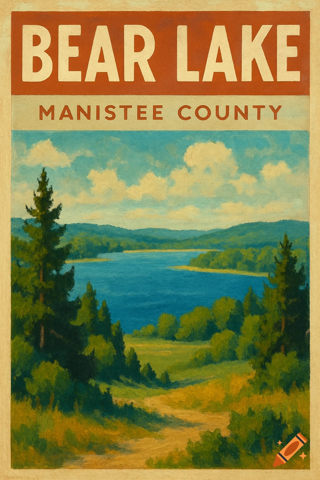 Vintage travel poster for Bear Lake, Manistee County, showing a lake landscape.
