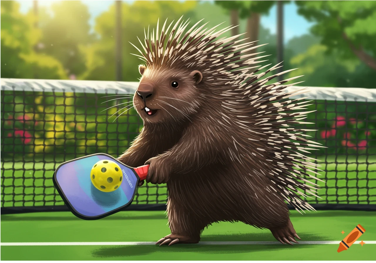Illustration of a porcupine playing pickleball on a court.