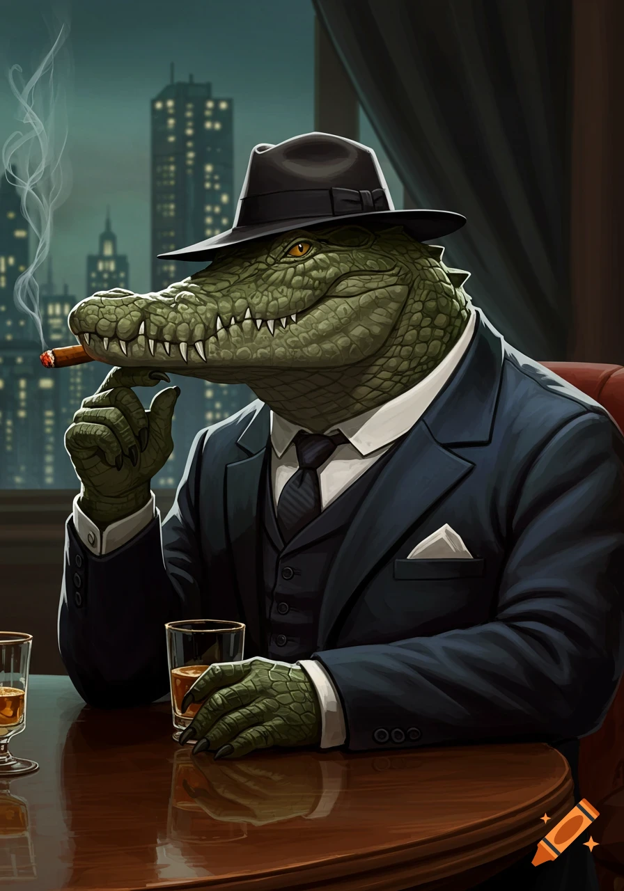 Digital illustration of a crocodile in a suit and fedora smoking a cigar at a table with drinks.