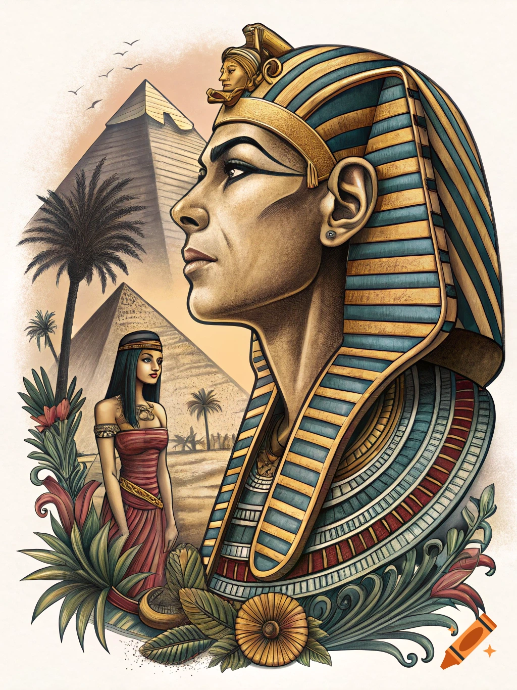 Illustration of a pharaoh's profile portrait with a woman, pyramids, palm trees, and plants in the background.