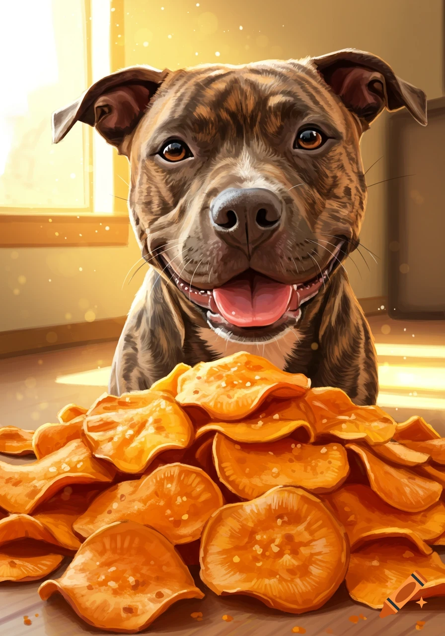 A brindle dog smiles happily at a large pile of sweet potato chips, rendered in a warm cartoon style.