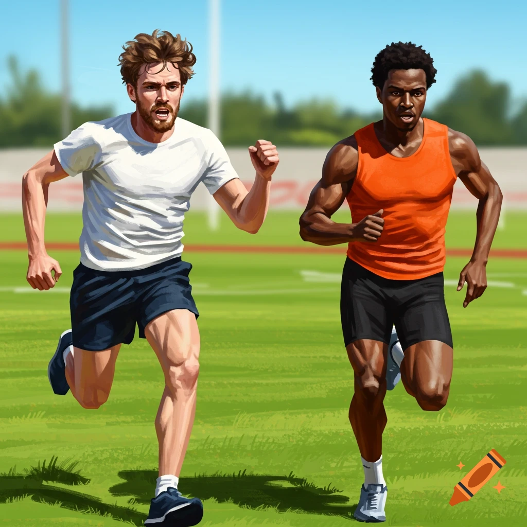 Illustrative image of two men running a race on a track.