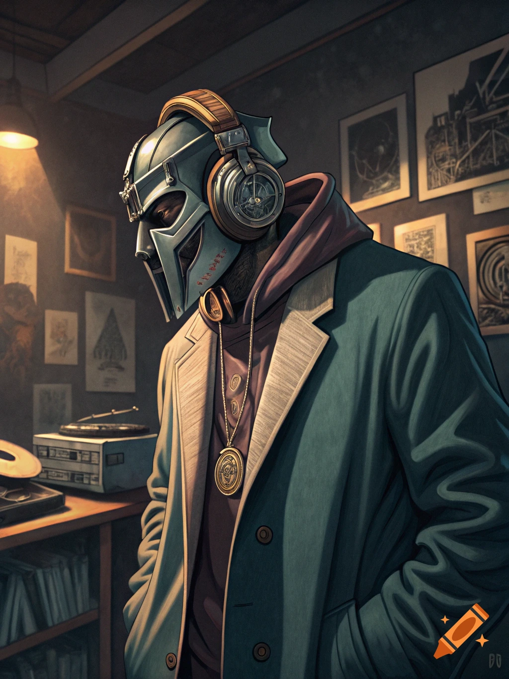 A person wearing a metal mask and headphones stands in a room with a turntable and records.