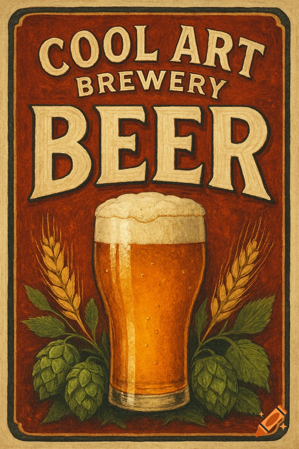 Vintage style beer label poster with glass of beer, hops, and wheat. Text: 'Cool Art Brewery Beer'.