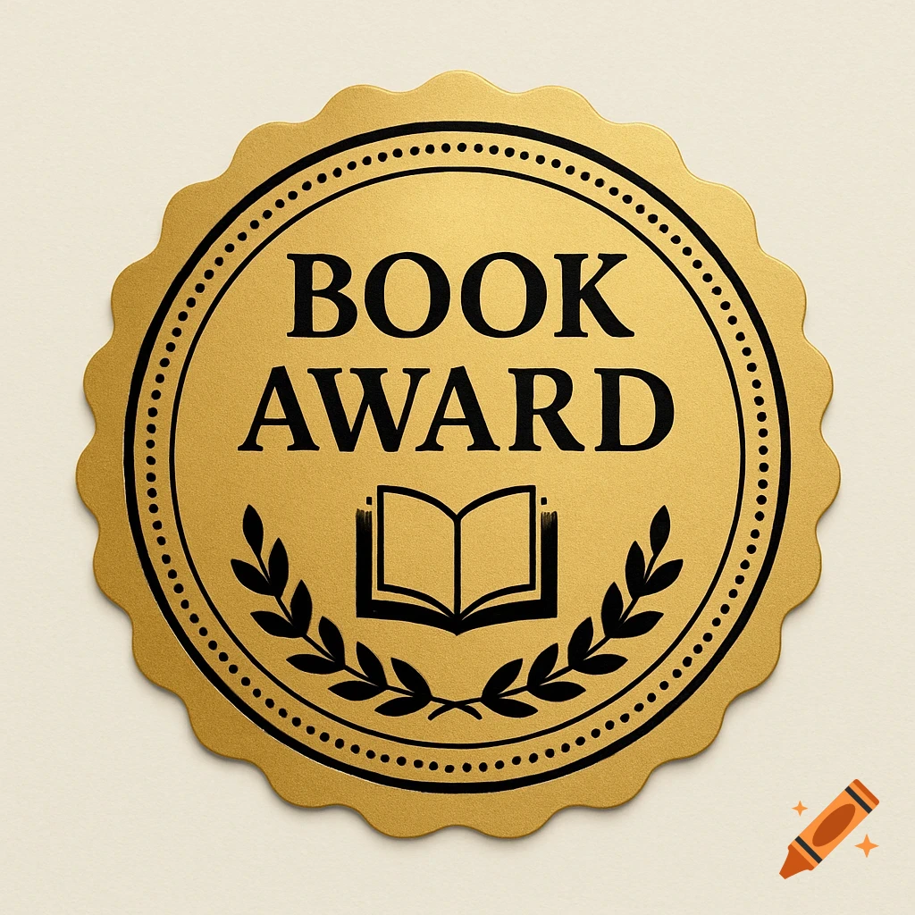 Gold book award sticker with text and book icon
