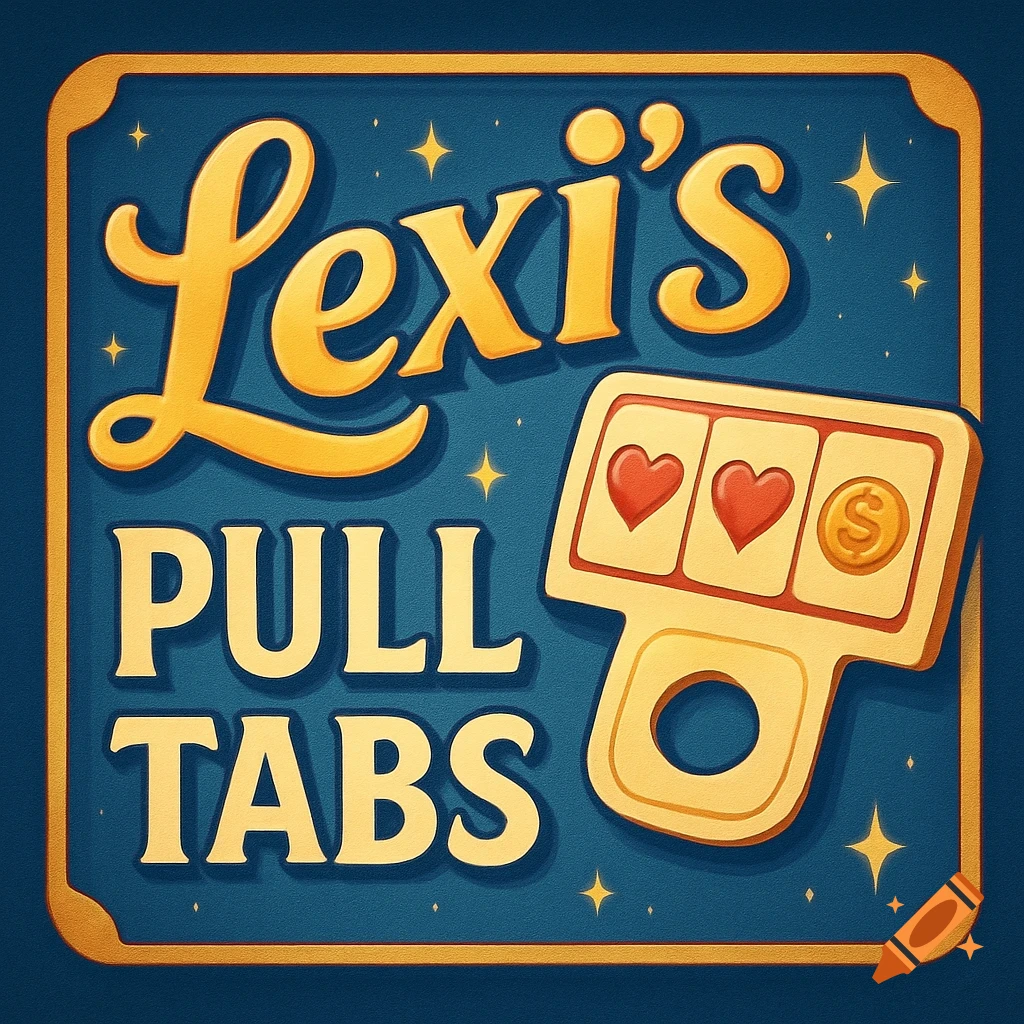 Stylized logo for Lexi's Pull Tabs with slot machine symbol featuring hearts and a coin on a blue background with gold stars.