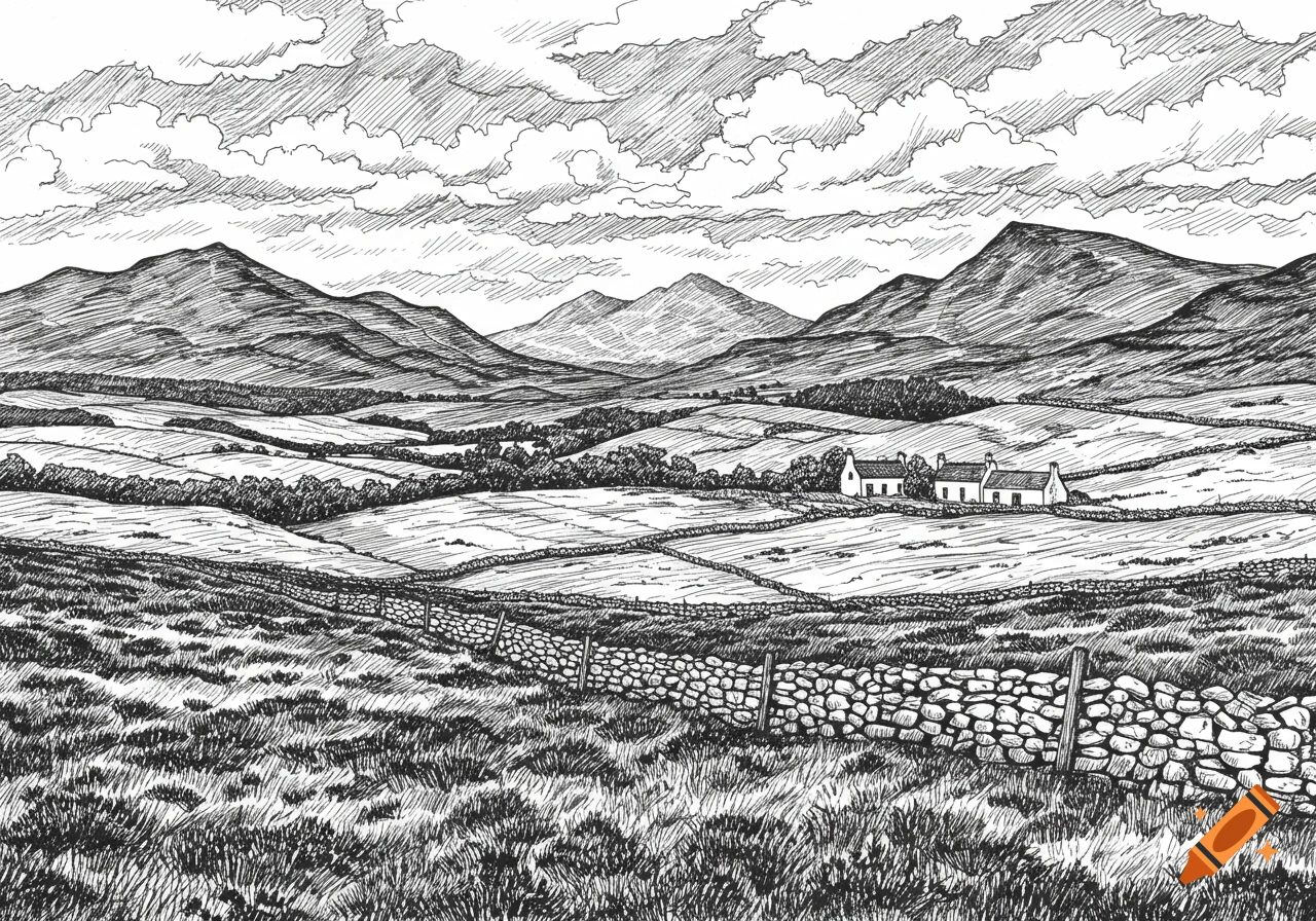A black and white sketch of a rural landscape with rolling hills ...