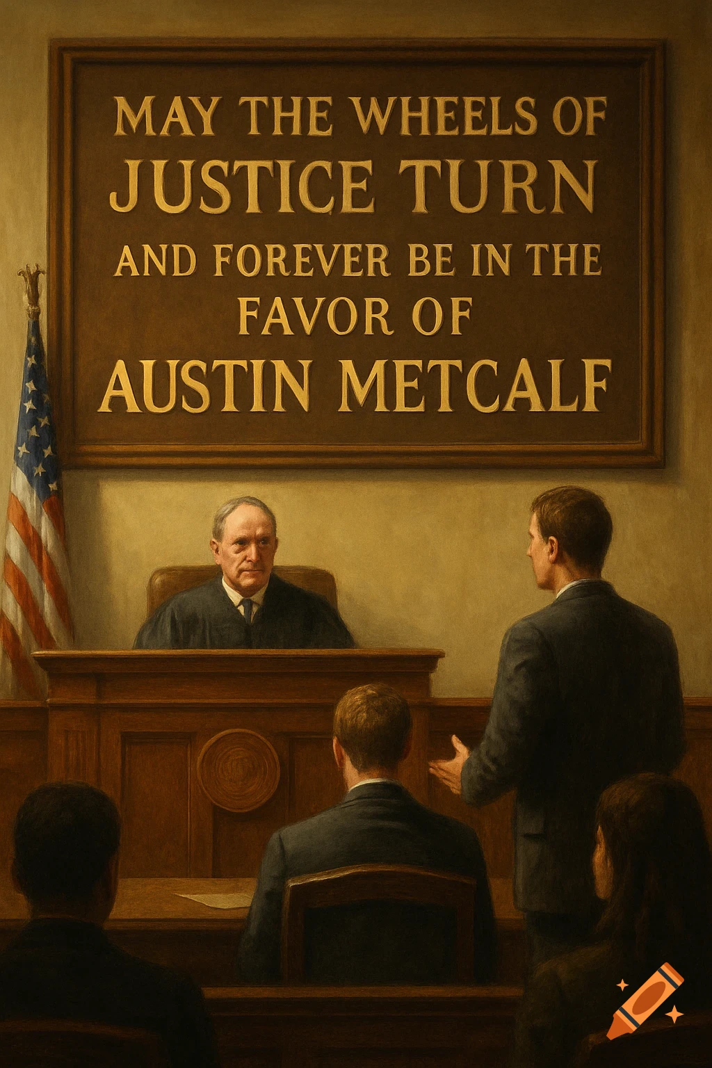 A painting of a courtroom scene with a judge, lawyers, and a sign on the wall.