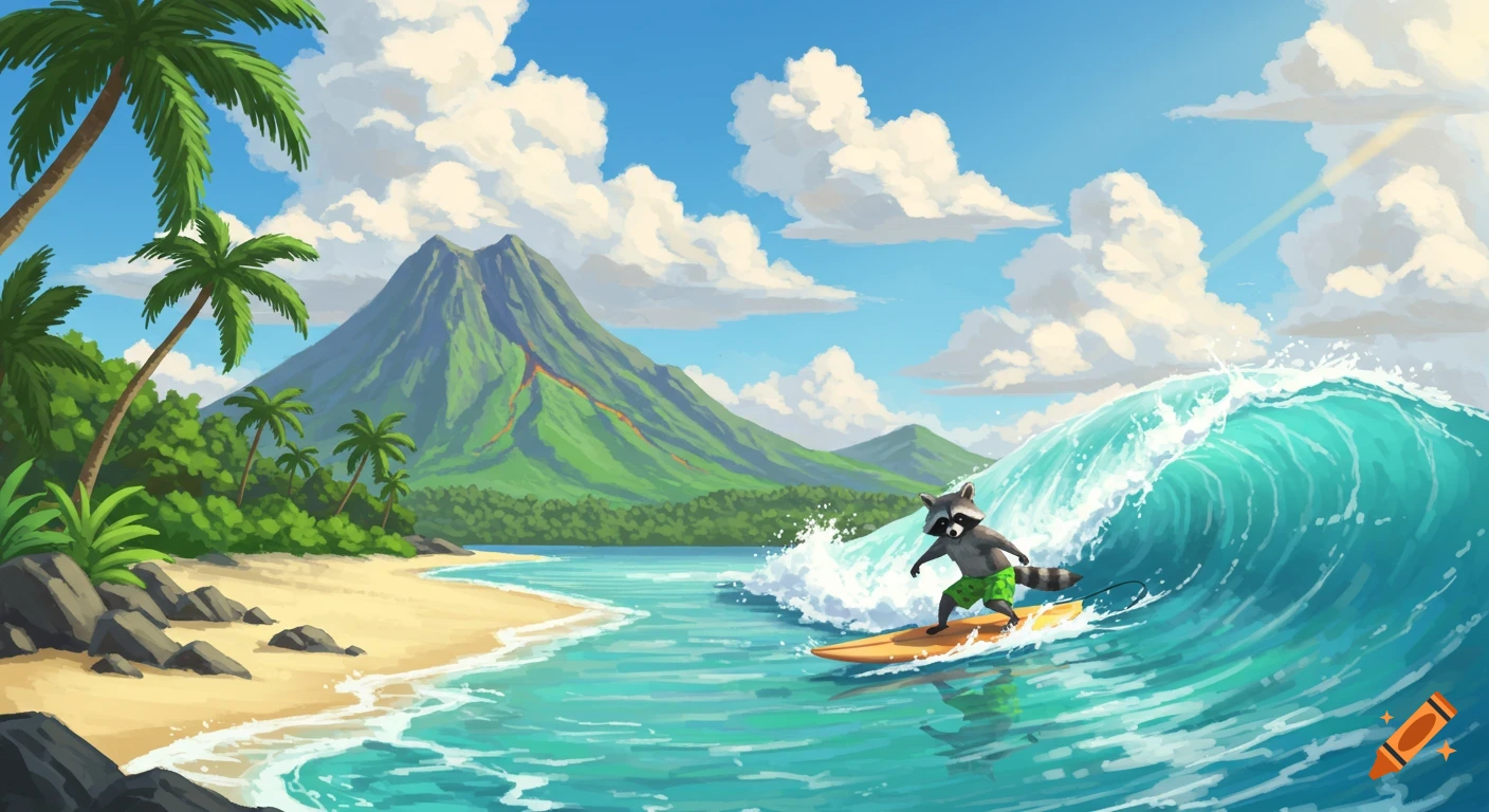 Illustrated cartoon raccoon surfs a wave near a tropical beach with palm trees and volcano.
