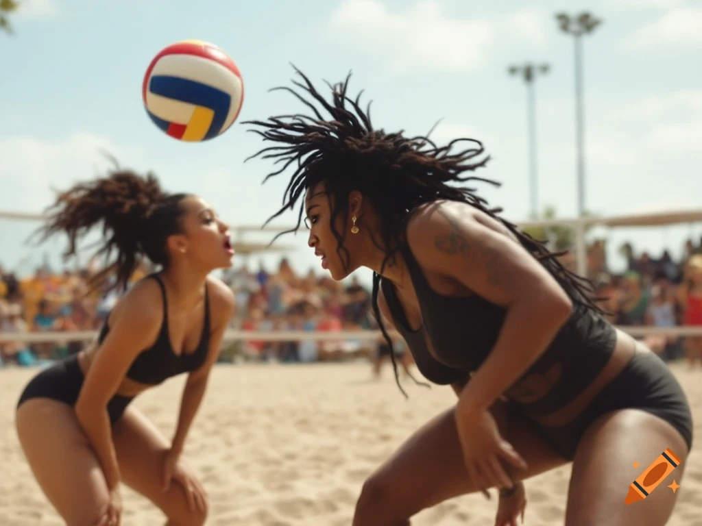 Two women playing volleyball on a sunny beach.