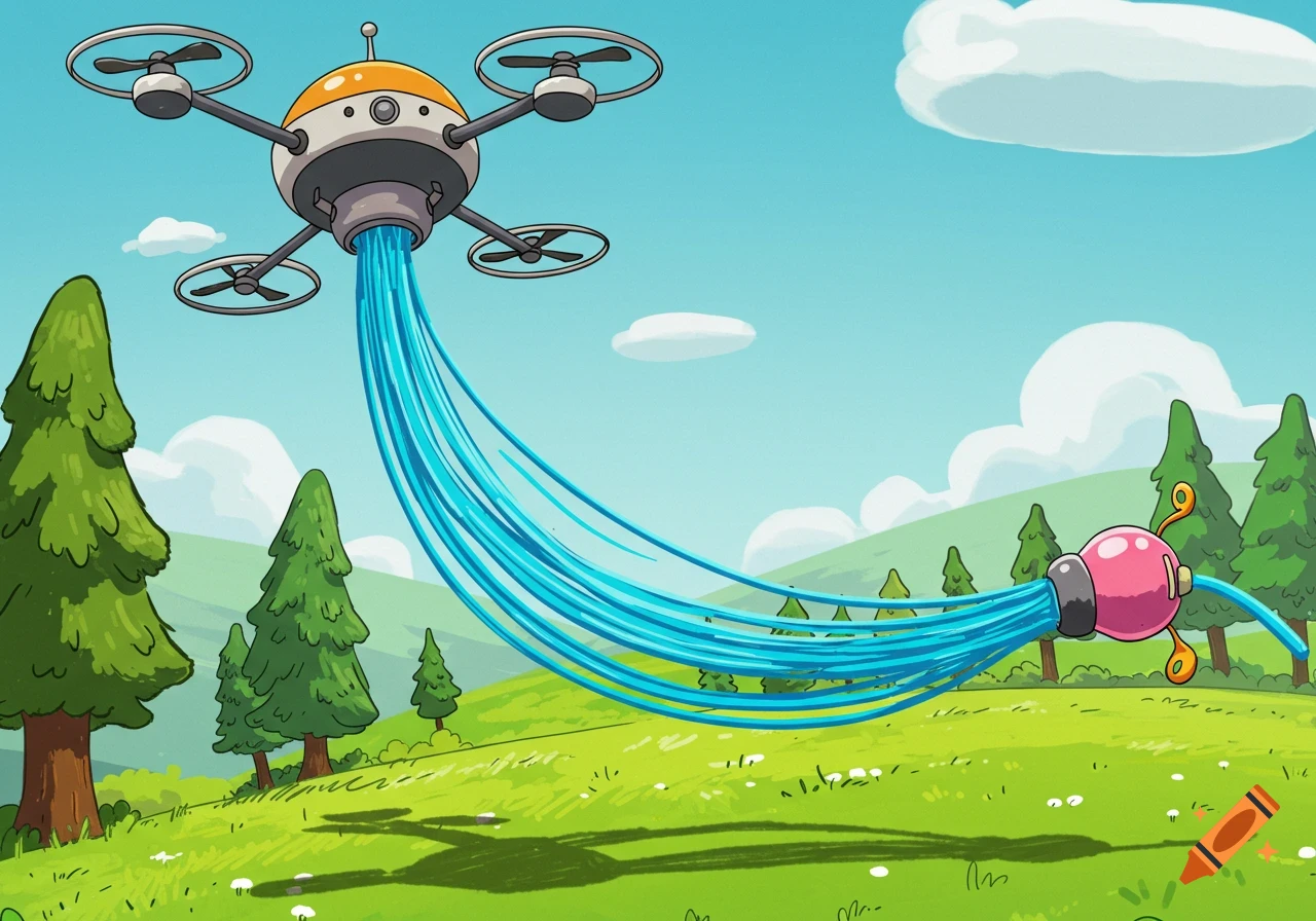 Cartoon drone trails blue threads over a grassy field with trees.