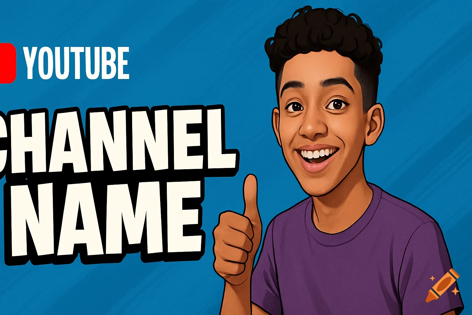 Animated illustration of a person giving a thumbs up next to the text "YOUTUBE CHANNEL NAME" on a blue background.