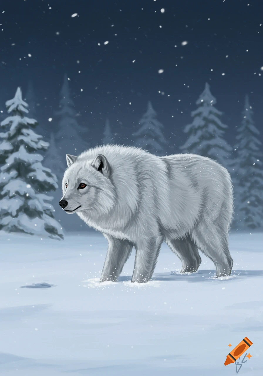 Illustration of a white wolf walking through a snowy forest at night on ...
