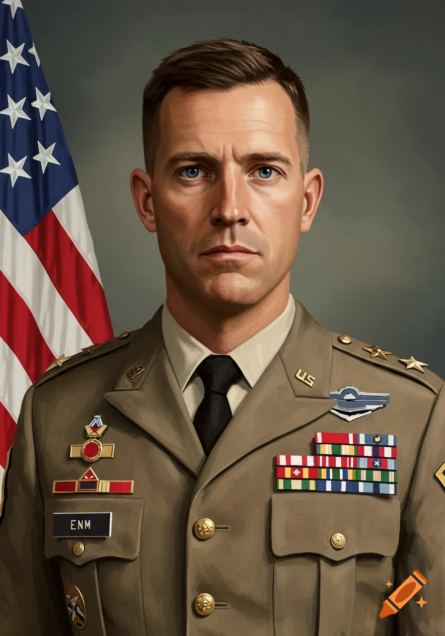 Portrait of a man in a military uniform with US flag backdrop, digital painting style.