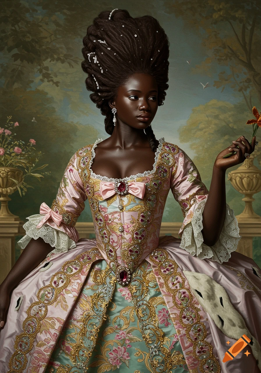 Portrait of an African woman in elaborate Rococo dress holding a flower.