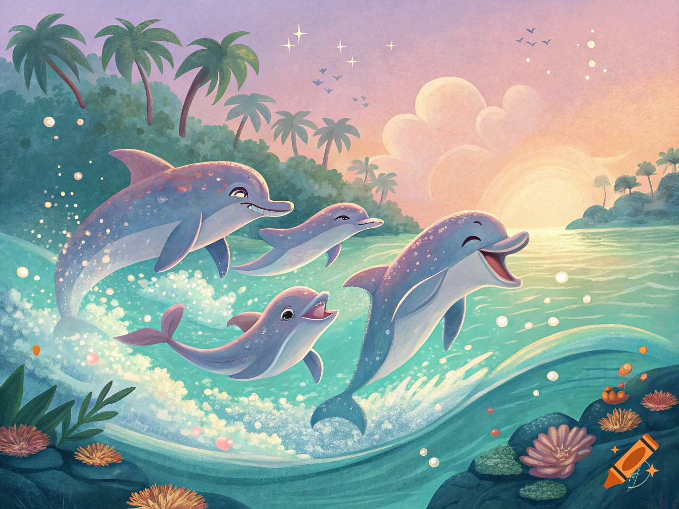 Cartoon dolphins leap from ocean waves near tropical island at sunset.