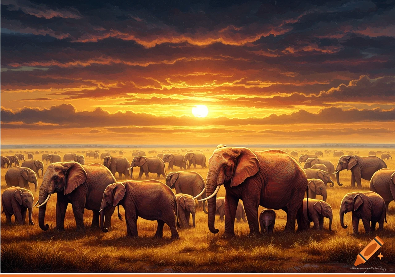 A large herd of elephants stands in a grassy savanna during sunset.