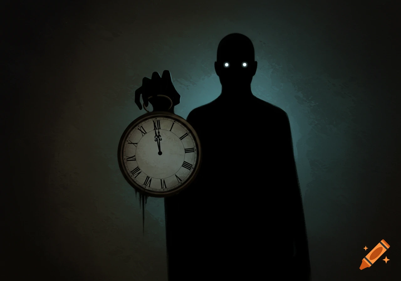 A dark, silhouetted figure holds a pocket watch showing Roman numerals.