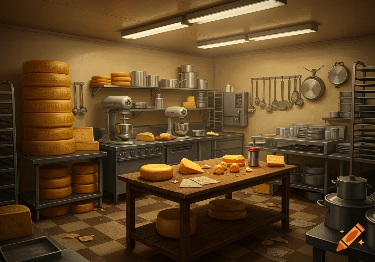 Old style kitchen interior filled with cheese wheels and blocks on shelves and tables.