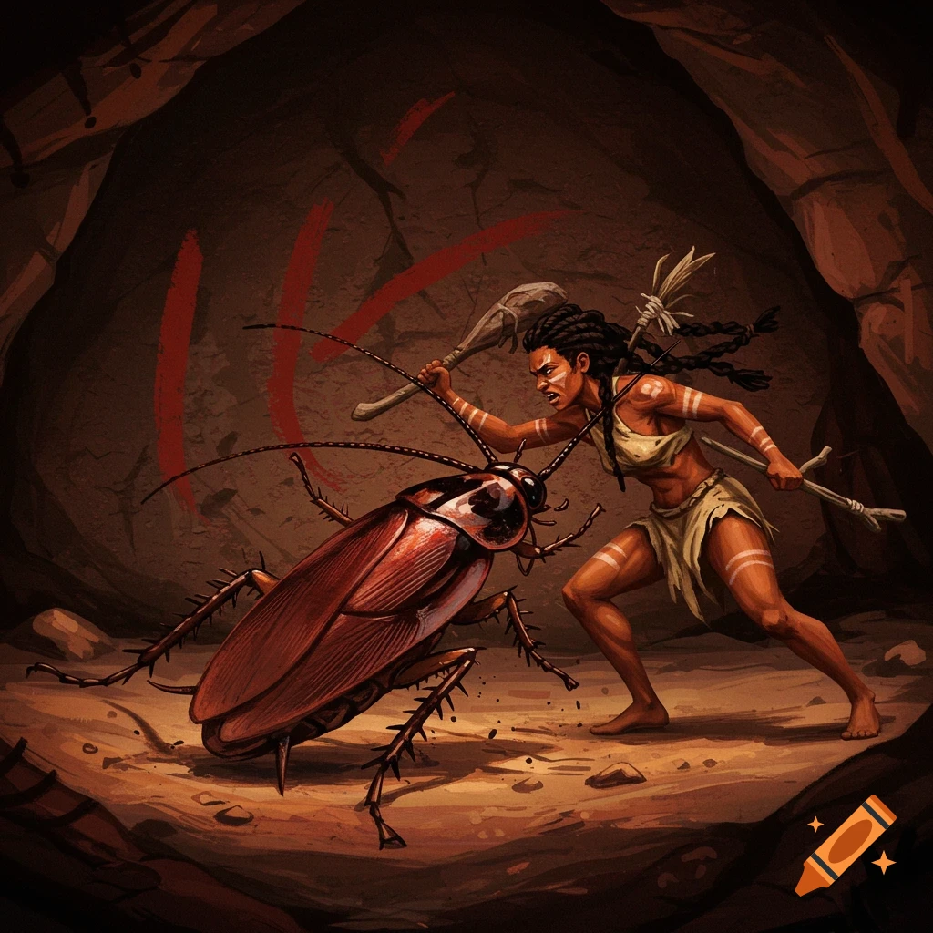 Cave painting of a prehistoric woman fighting a giant cockroach inside a cave.