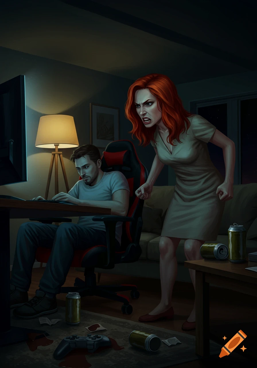 An angry woman stands over a man playing video games in a messy room filled with empty cans, digital painting.